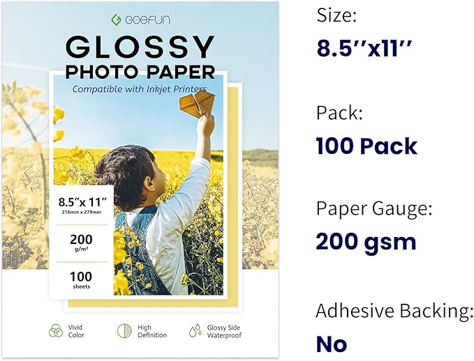 Glossy Photo Paper 8.5x11 Inch, Goefun 200GSM/54LB Inkjet Printer Paper for Dye Ink,100 Sheets