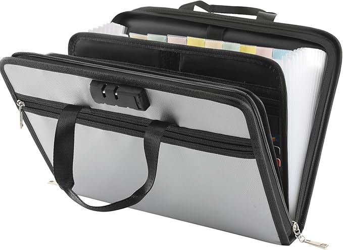Accordion File Organizer with Lock, Fireproof, Letter/A4-Size Expanding File Folder with Tabs, 13 Pockets Important Document Organizer with Handle, Portable Paperwork Business Organizer, Silver