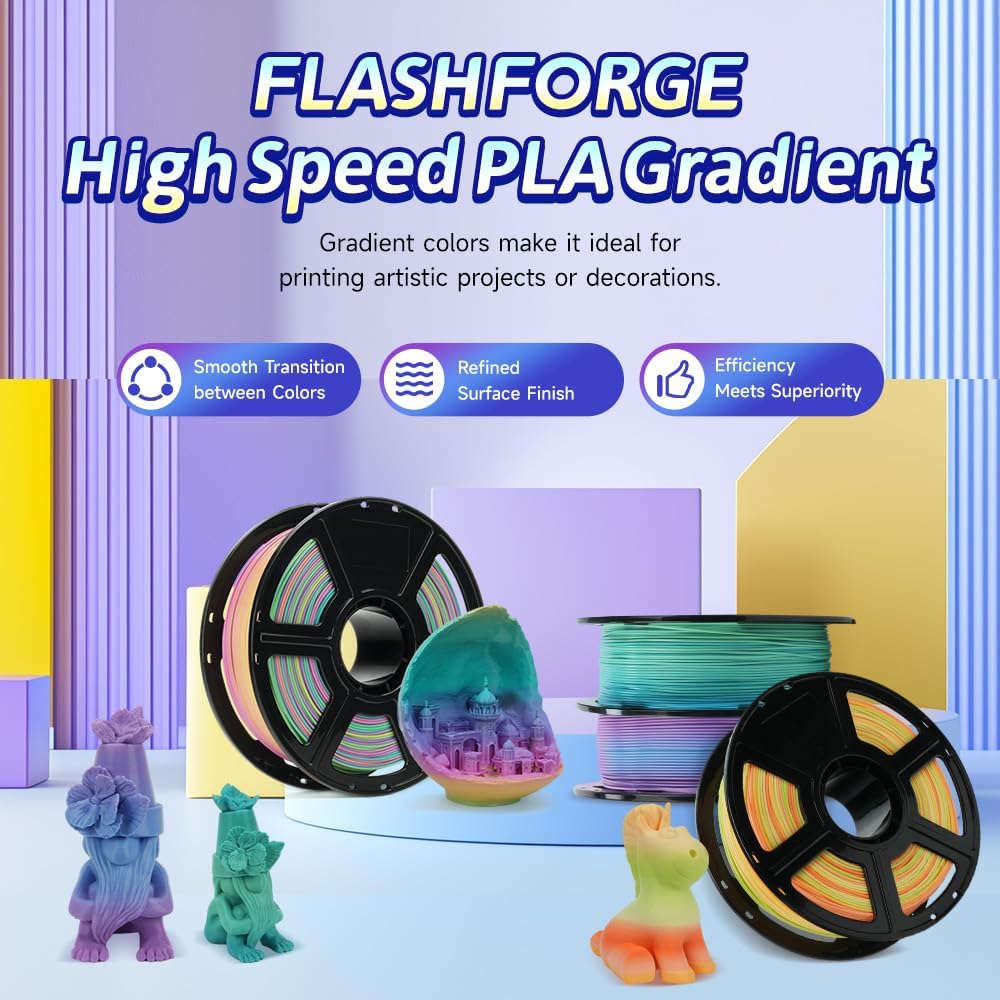 FLASHFORGE Rapid PLA Gradient Filament 1.75mm Rainbow Candy, Transform Colors Smoothly & Fast, High Flow Speedy 3D Printer Filament, Experience Exceptional Performance with 500mm/s Fast Printing