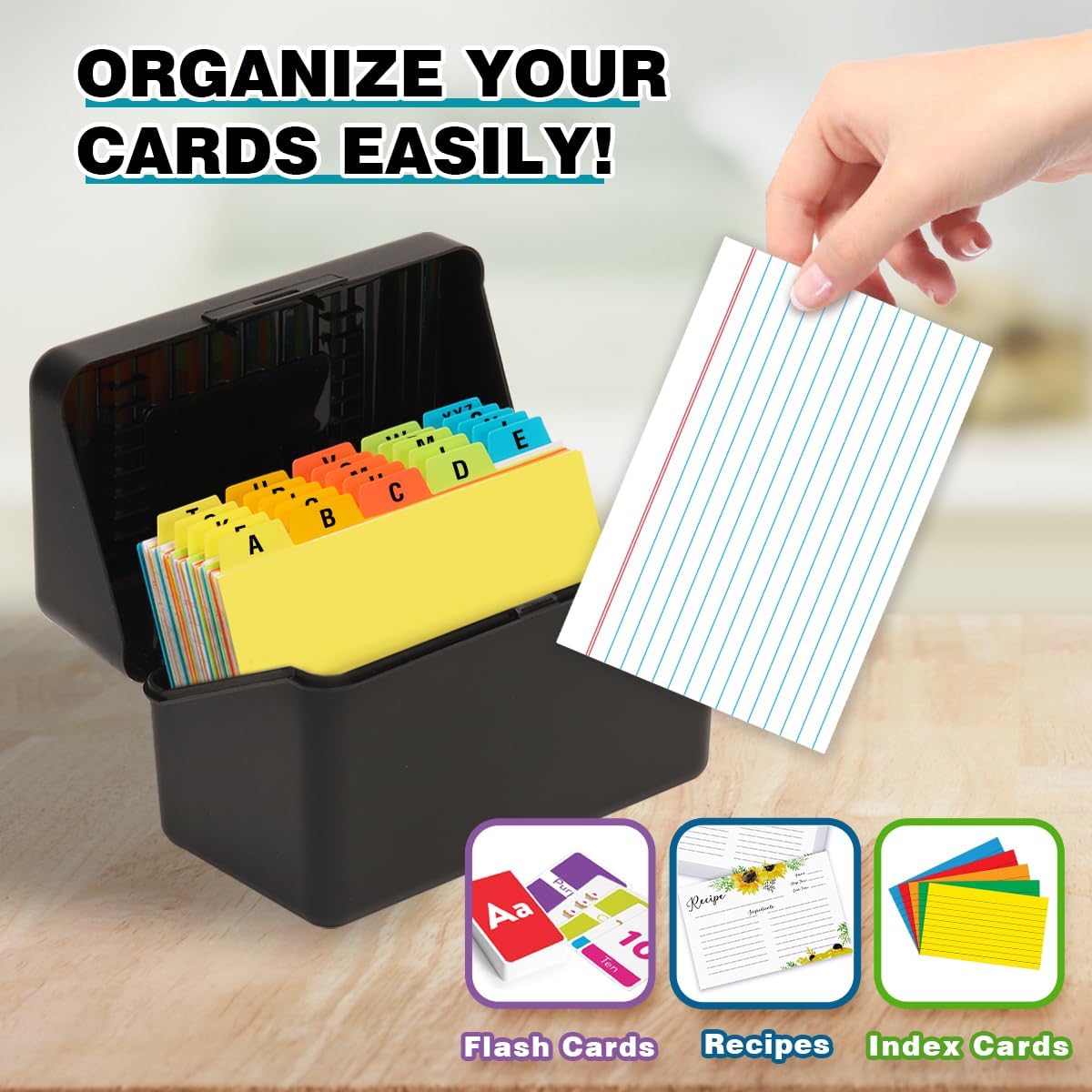 H4D 4x6 Index Card Holder with 100 Heavyweight Ruled Index Cards and 25 Plastic Dividers, Black