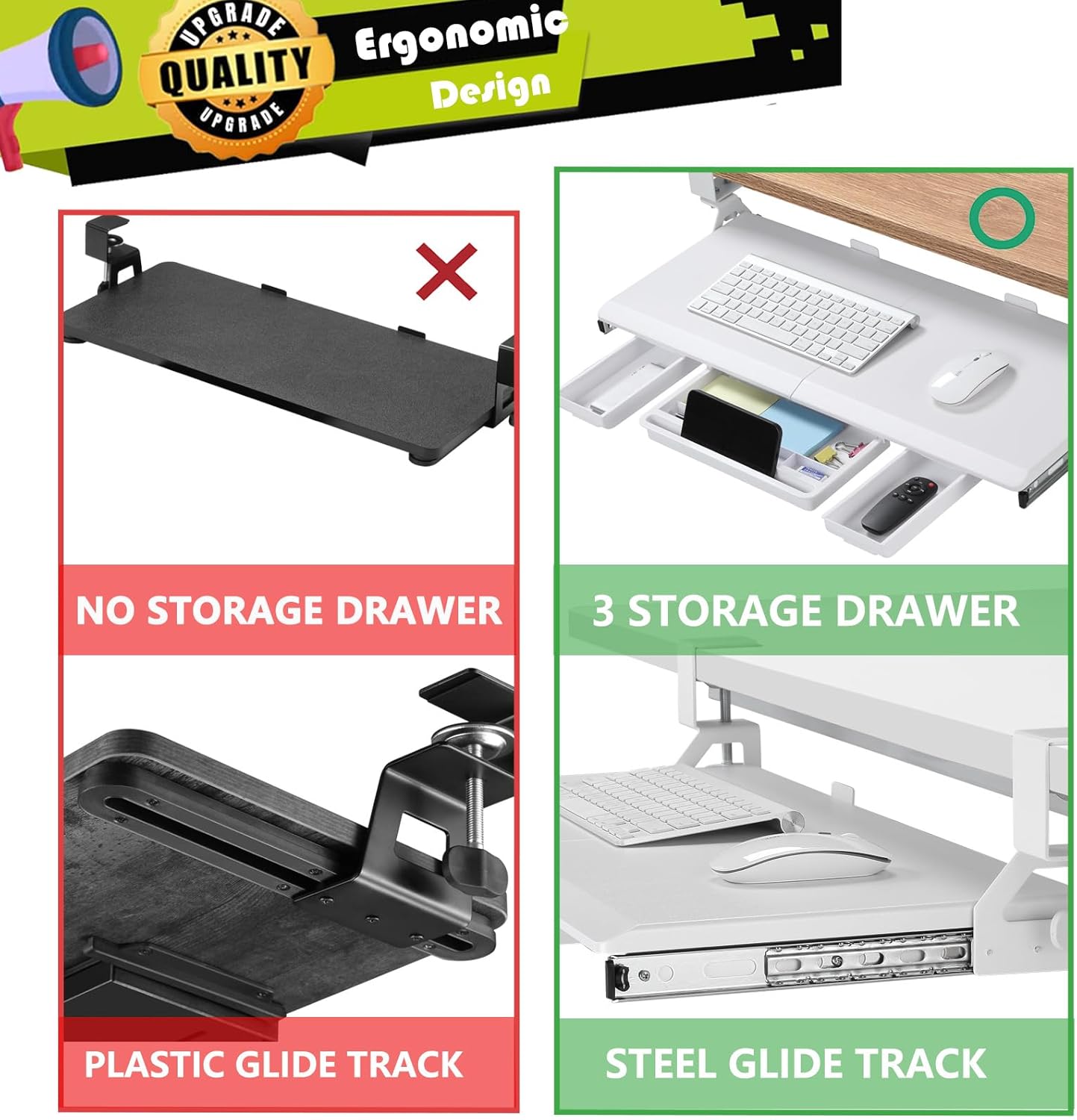 ETHU Keyboard Tray Under Desk, Ergonomic Corner Keyboard Tray with 180° Adjustable C Clamp for L Shape Desk 26.77" X 12.2" Easy to Install, Computer Keyboard Stand for Home and Office (White)