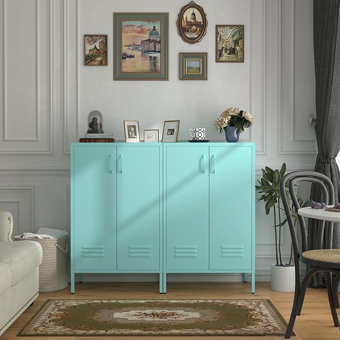 Locker Cabinet,Morden Locker Storage Cabinets with Legs,2 Doors Sideboard with Adjustable Shelves for Living Room,Kitchen Pantry,Office,Blue