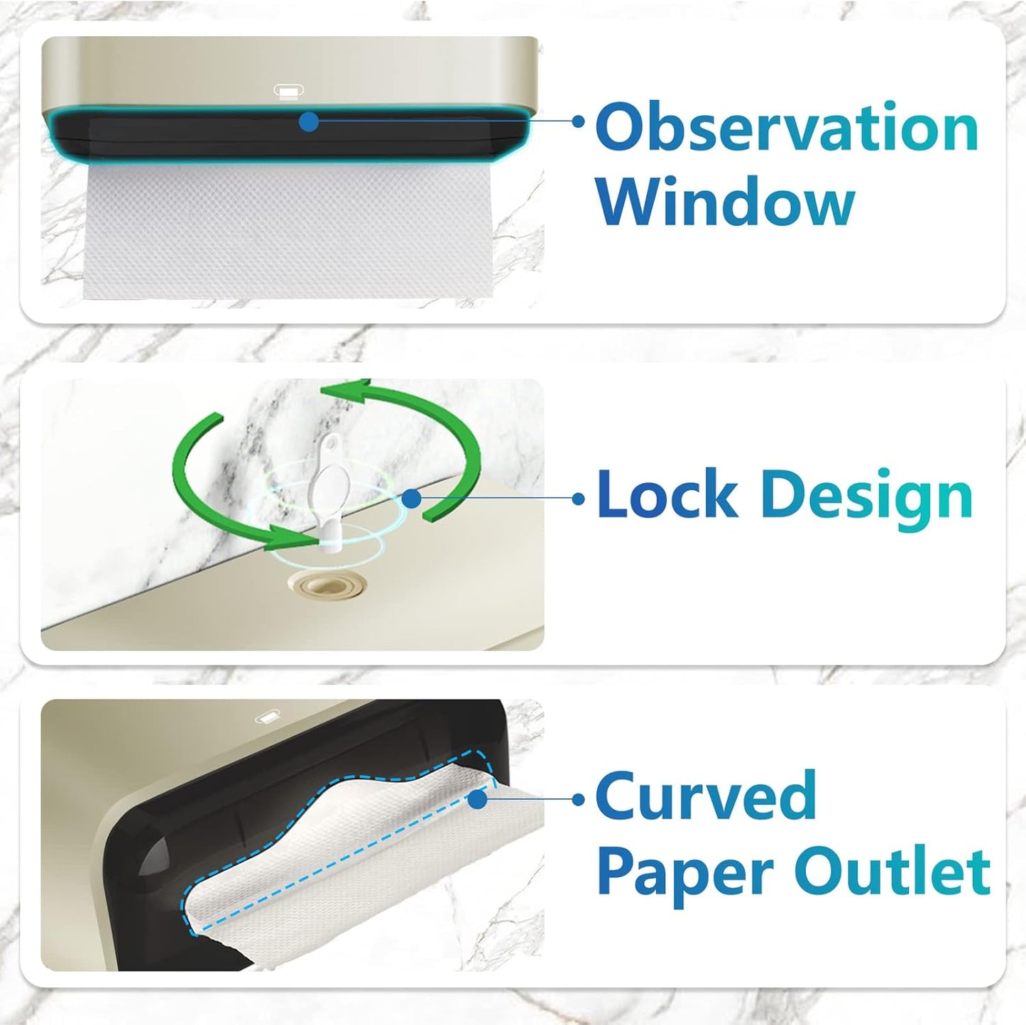 C-Fold Paper Towel Dispenser for Bathroom: Compact 200 Sheets Large Capacity for Multifold Hand Towel, No-Hole Installation Adhesive Paper Towel Holder Wall Mount - Gold