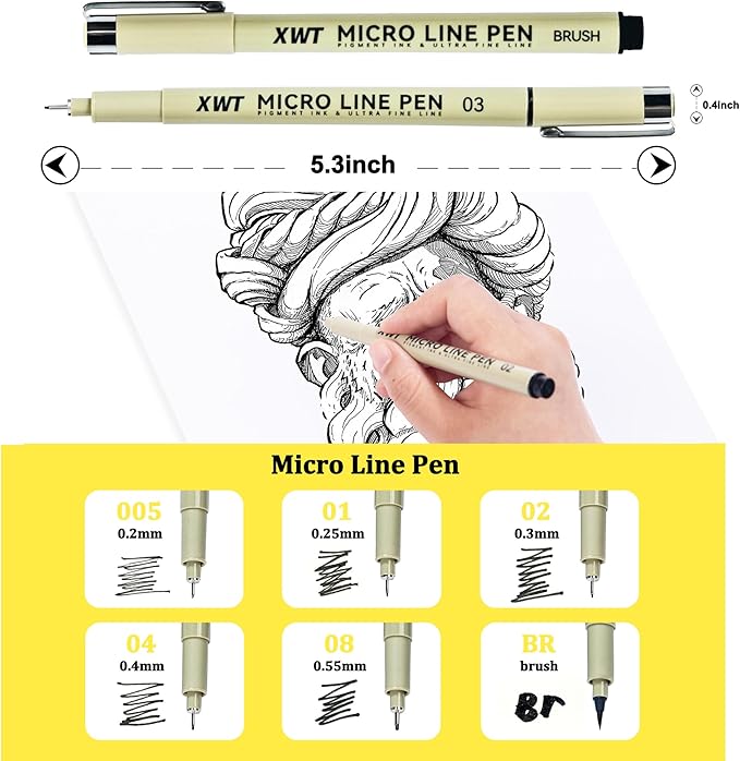 Micro Fineliner Pens 6 Size/Set, Ultra Fine Fineliner Pen, Brush Marker Pen, Water-based Black Pigment Ink, Drawing Journaling Doodle Supplies for Artists, Designers, Students