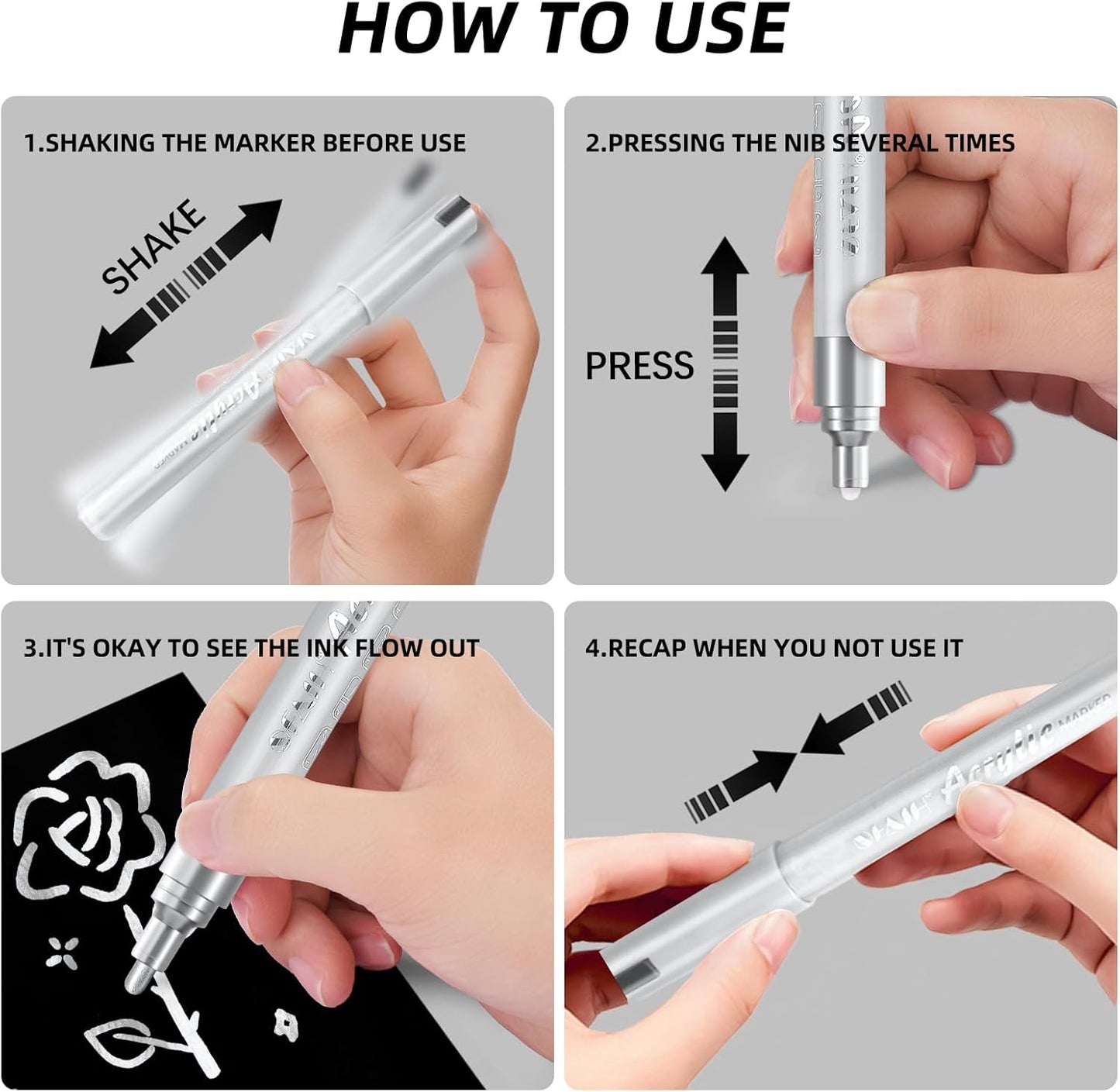 SFAIH Silver Paint Markers Pens - 4 Pack 2-3MM Medium Tip Metallic Acrylic Markers For Holiday Decor, Gift Wrapping, Party Posters, DIY Craft Projects