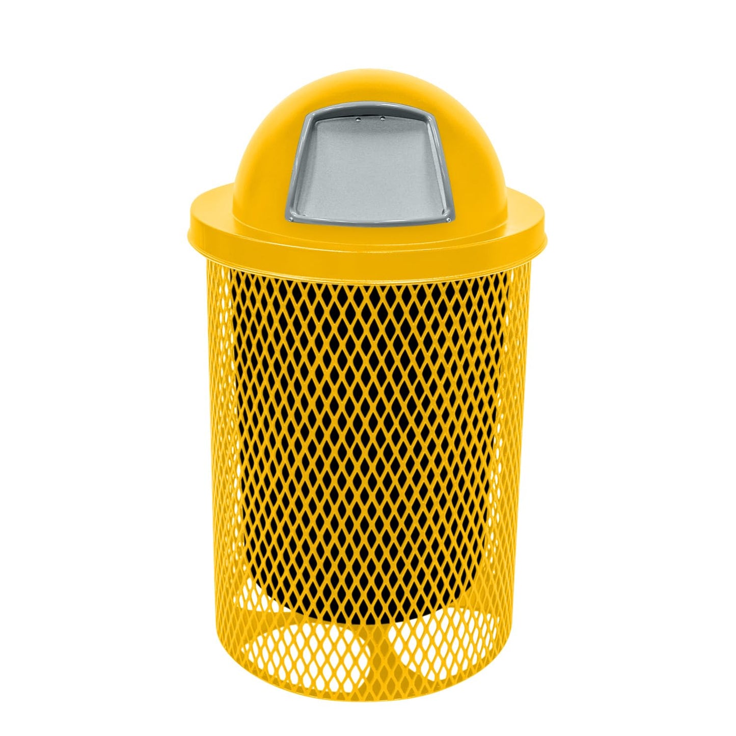 32-Gallon Heavy-Duty Expanded Metal Round Trash Receptacle, Commercial Outdoor Waste Bin with Liner & Dome Lid – Made in America (Textured Yellow)