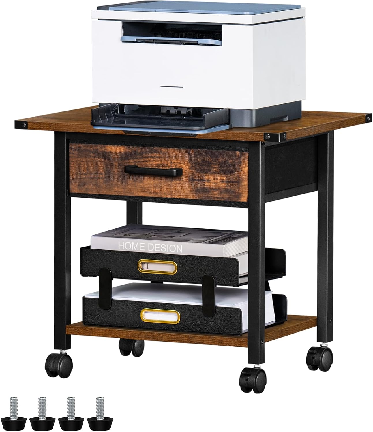 Lerliuo Under Desk Rolling Printer Stand with Drawer, 2-Tier Industrial Mobile Printer Table Desk with Storage Shelf and Steel Frame, Printer Cart Holder with Lockable Wheels for Home, Office (Brown)