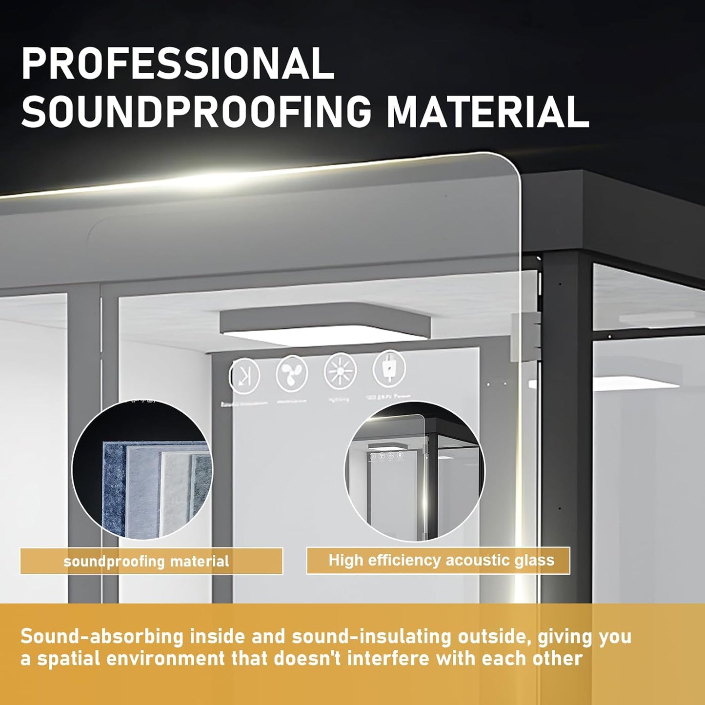 Office Sound Booth with Audio Privacy - Modern Soundproof Booth Includes Black Transparent Glass Design,Freestanding Office Room with Light, Fans,Casters for Negotiation,Meeting(86.61IN)