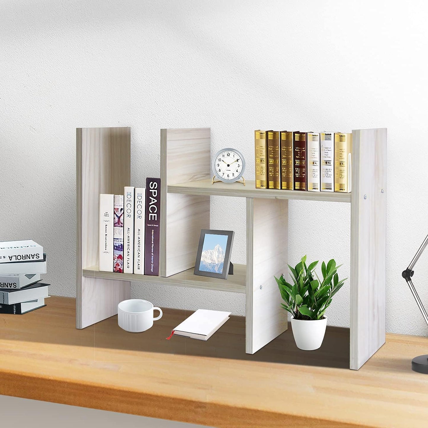 J.M.Deco Desktop Organizers and Storage for Office, Adjustable Desk Organizer Shelf Double H Display, True Natural Stand Shelf, Desktop Organizer White Wood Tone