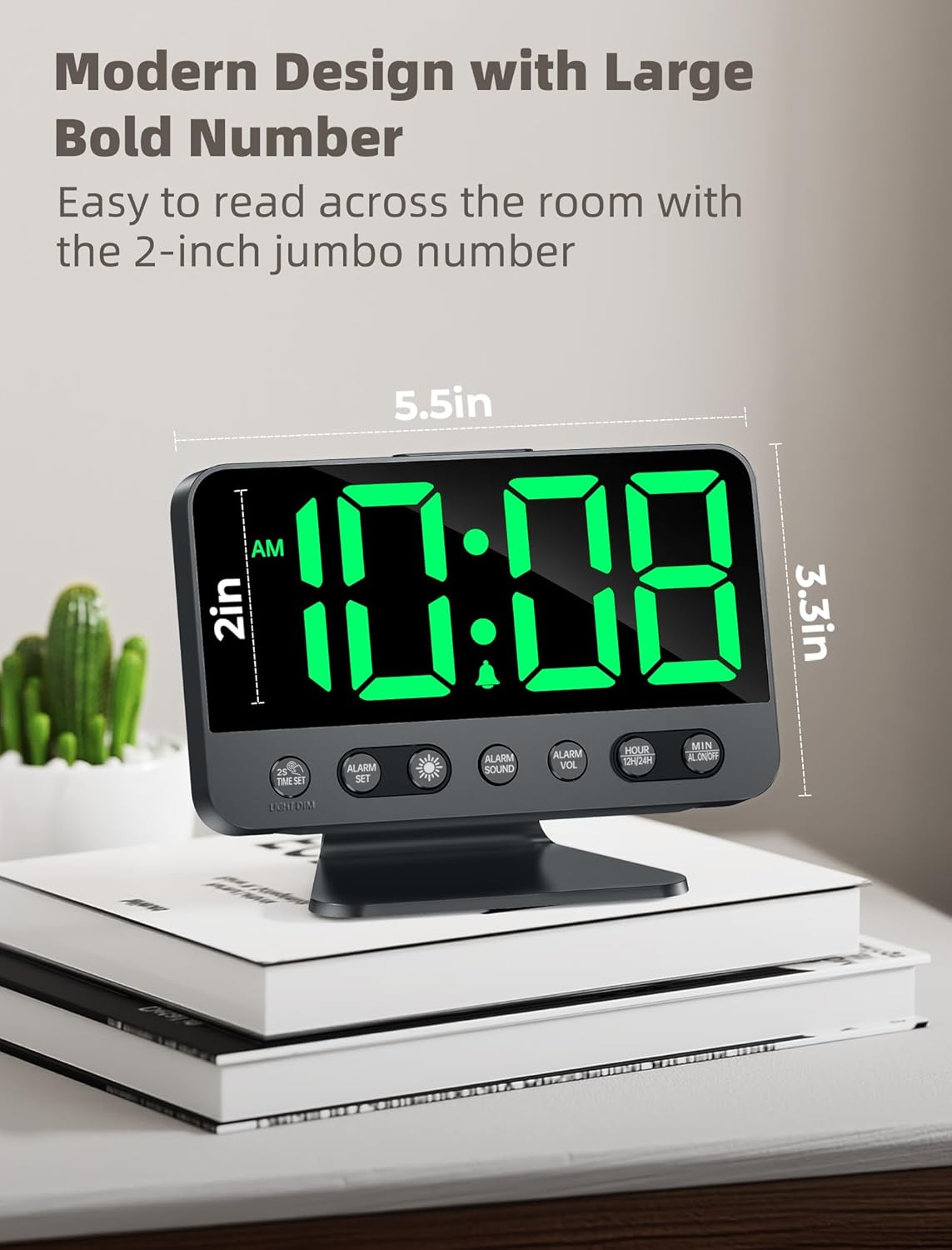 Digital Alarm Clocks for Bedrooms: Large Bold Number 5 Brightness Dimmer - Easy to Read Across The Room - 5 Alarm Sound 8 Night Light - Green