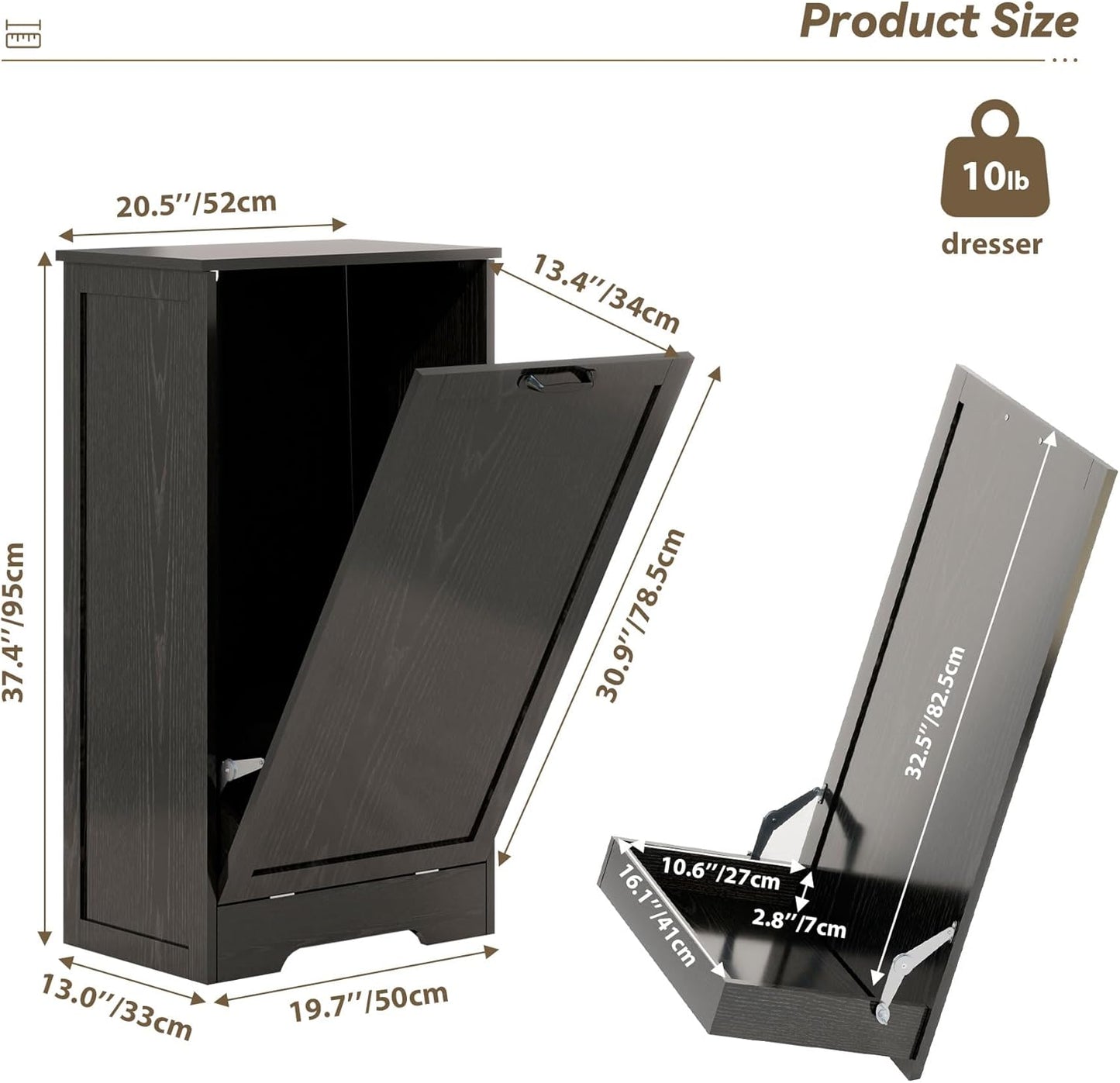 Tilt Out Kitchen Trash Can Cabinet, Pet Proof Wooden Kitchen Garbage Can with Lid, Hidden Laundry Basket Organizer, 10 Gallon Free Standing Bathroom Laundry Hamper Cabinet, Black