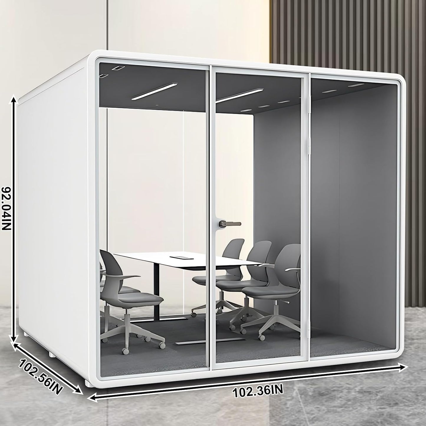 Office Sound Booth with Audio Privacy - Portable Soundproof Booth Includes White Frame with Curved Corners,Soundproof Room with Light,Fans, Magnetic Door Lock for Meeting Room (102.36IN)