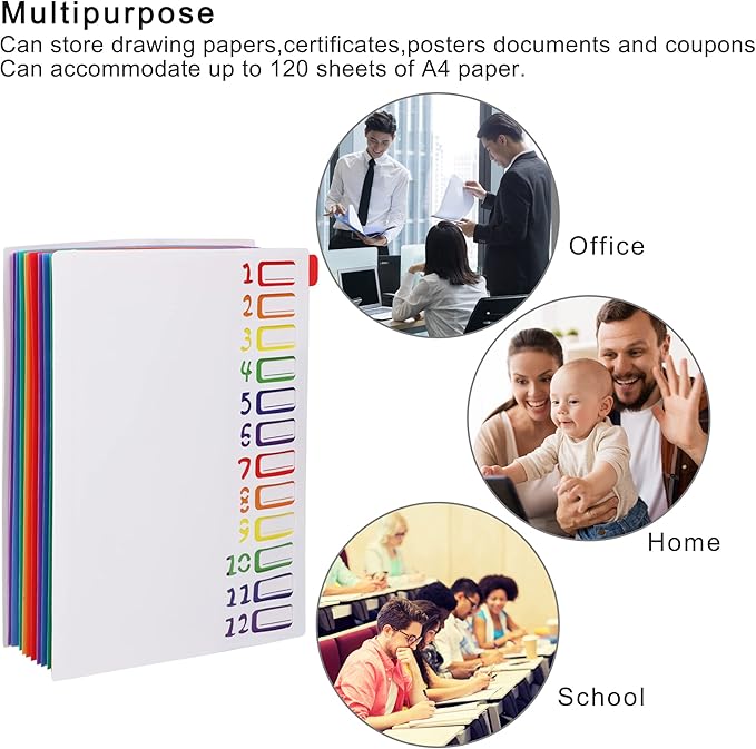 Rainbow Tab Expanding File Folder - 24 Pockets, Durable A4 Letter Size Organizer, Water-Resistant Plastic Dividers, Home/Office/School Document Holder (White）