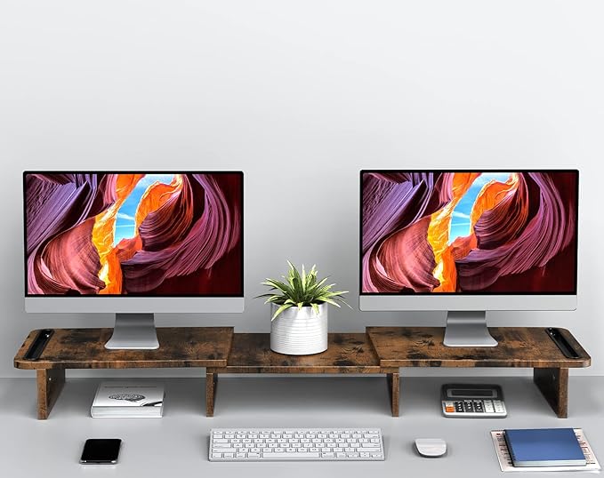 Zimilar Dual Monitor Stand Riser, Monitor Stand with Adjustable Length and Angle, Wood Monitor stand for desk, Monitor Riser for 2 monitors with Storage Space(Rust Brown Large)