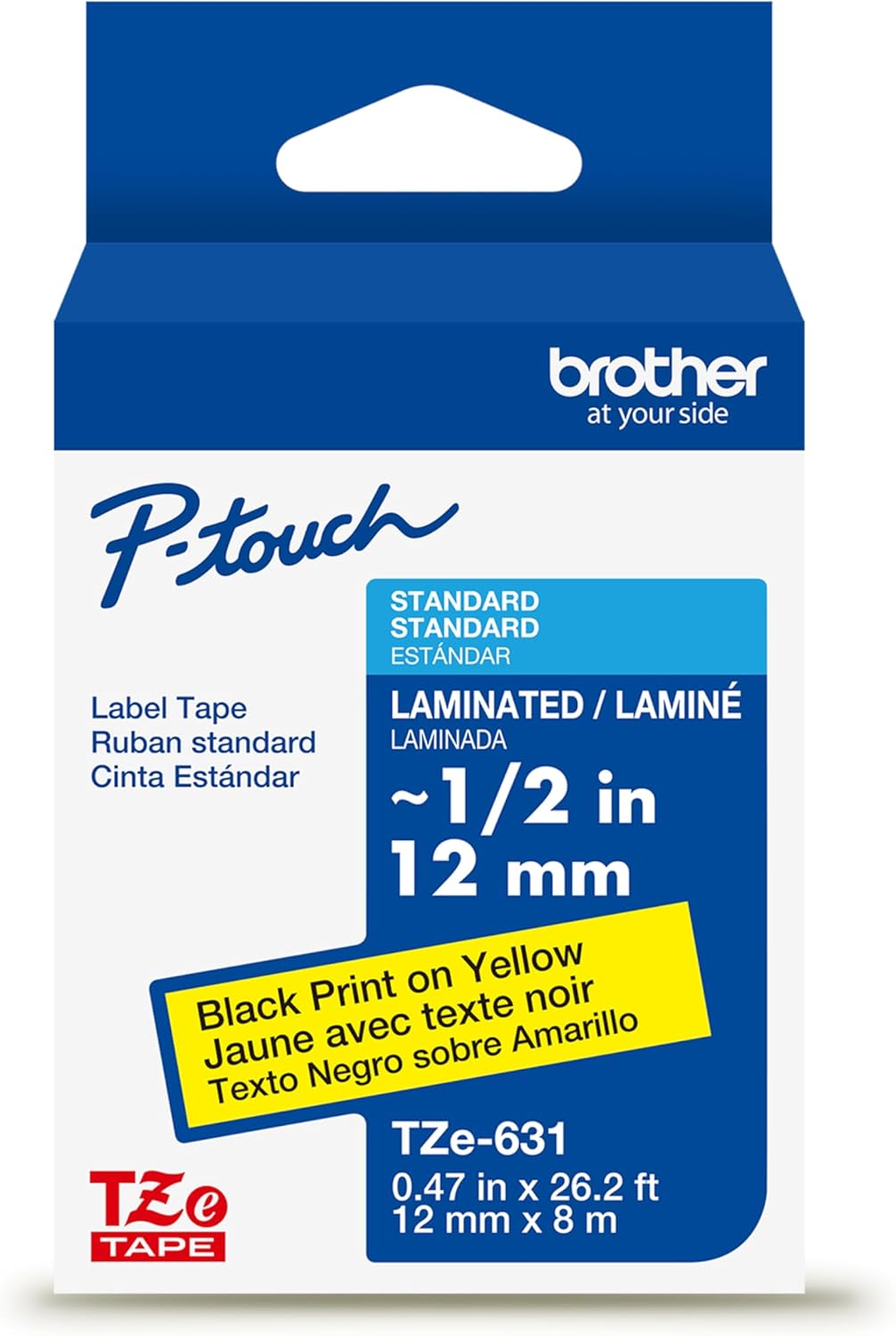 Brother Genuine P-Touch TZE-631 Tape, 1/2" (0.47") Standard Laminated P-Touch Tape, Black on Yellow, Laminated for Indoor or Outdoor Use, Water Resistant, 26.2 Feet (8M), Single-Pack