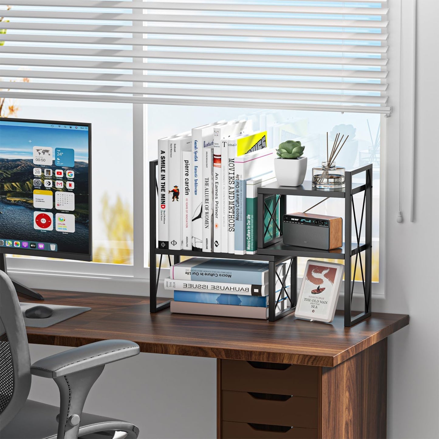 Desktop Shelf Organizer,Small Bookshelf for Office,Wood Desk Top Shelves, Office Organization and Storage (Black)