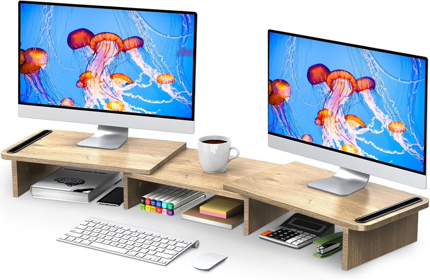 Zimilar Dual Monitor Stand Riser, Monitor Stand with Adjustable Length and Angle, Wood Monitor Stand for Desk, Monitor Riser for 2 Monitors with Storage Space