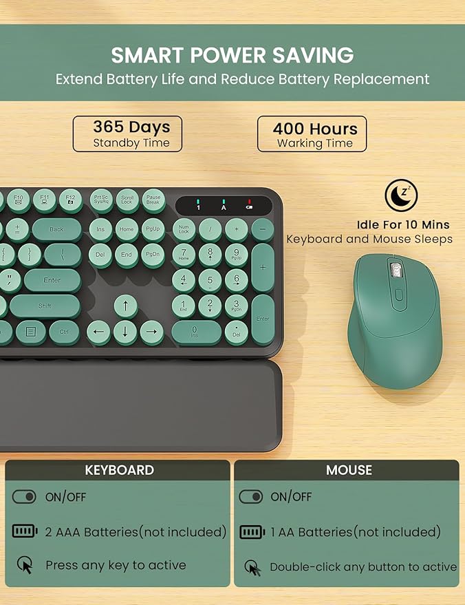 Wireless Keyboard and Mouse Combo - Cute Typewriter Keyboard with Detachable Wrist Rest, Retro Round Keycaps, Foldable Legs, 2.4GHz Keyboards for PC Laptop, Mac, Windows - Trueque (Black and Green)