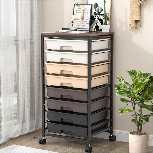 Rolling Carts with Wheels,Utility Cart with 8 Drawers and Wooden Tabletop,Rolling Drawer Cart,Plastic Drawer Storage for Living Room,Classroom,Bedroom,Bathroom,Dorm,Office,Brown