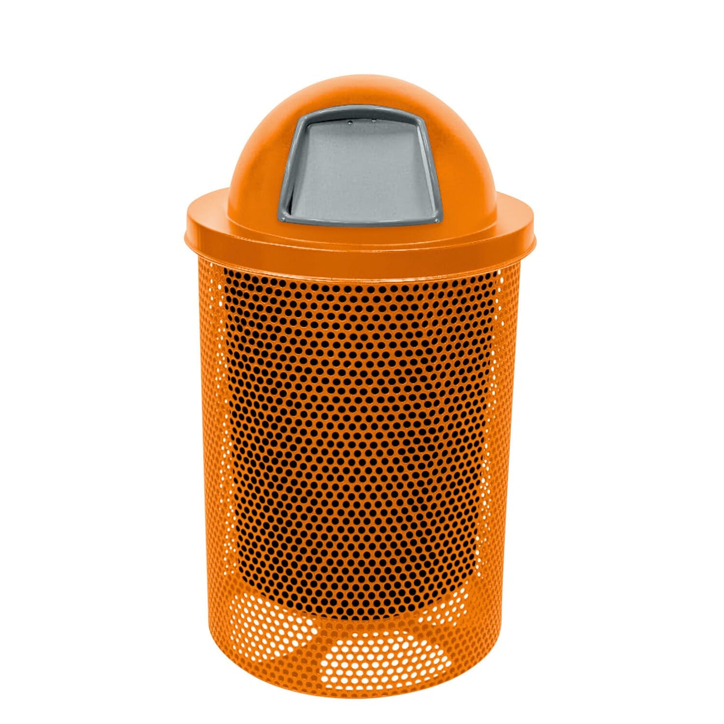 Coated Outdoor Furniture 32-Gallon Heavy-Duty Punched Steel Round Trash Receptacle, Commercial Outdoor Waste Bin with Liner & Dome Lid – Made in America (Textured Orange)