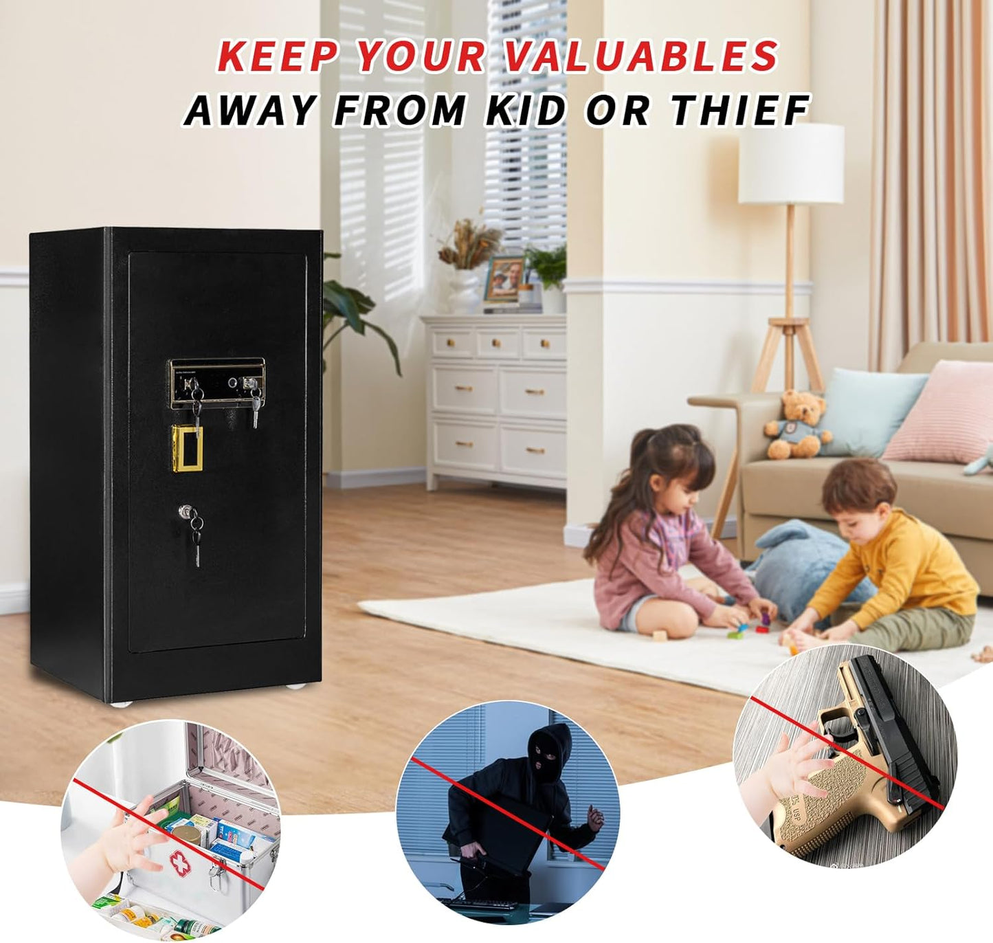 MLJ Large Security Safe - 8.1 Cu. Ft. Waterproof & Fireproof Home Safe with 2 Removable Shelves and Inner Cabinets for Storing Money, Medicines, Jewellery and Other Valuables (Fingerprint Lock)