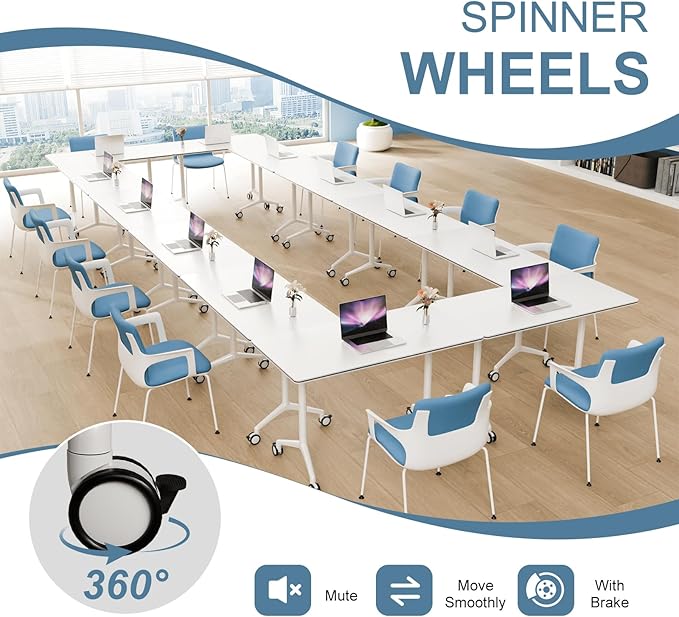 10Pack Folding Conference Room Table, Modern Conference Tables with Silent Wheels, Large Rectangular Mobile Training Tables for Office Classroom, Foldable Modular Seminar Table White (L47.2in)
