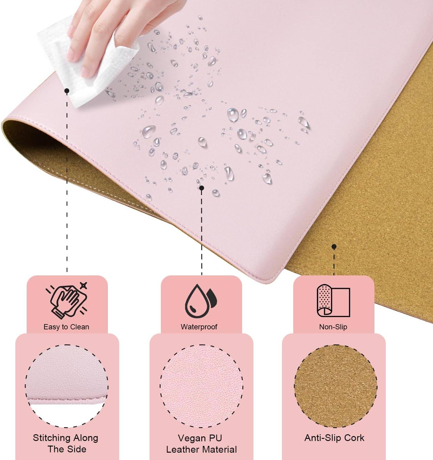 BLESWIN Large Desk Pad Mat 47.2"" x 17"", Office Desk Mat, Non-Slip PU Leather & Cork Desk Blotter for Keyboard and Mouse, Large Desk Mat, Large Mouse Pad for Office & Home(Pink)