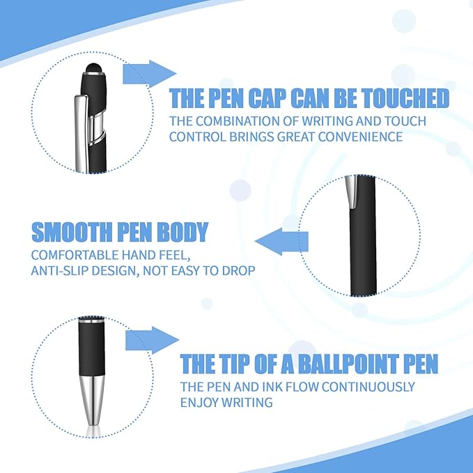 8 Pcs Blue Ink Ballpoint Pen with Stylus Tip 2 in 1 Stylus Ballpoint Pen Metal Pens Stylus Pen for Touch Screens School Office Coworkers (Black)