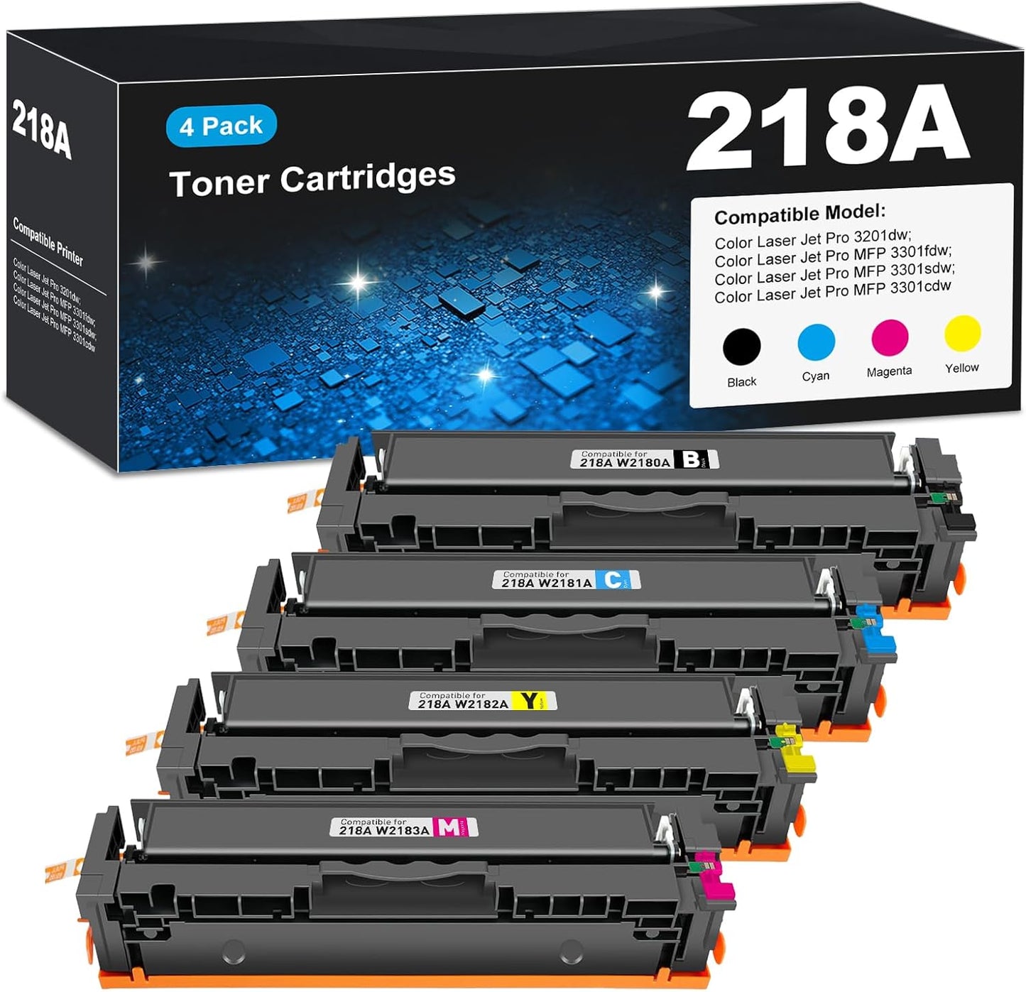 218A Toner Cartridges 3301sdw 3301fdw 3201dw for HP 218A 218X toner Cartridge 4 pack, 3301fdw 3201dw Toner Cartridge, W2180A HP218A 218 Toner for Color Laser Jet Pro MFP 3301fdw 3201dw 3301sdw 3301cdw