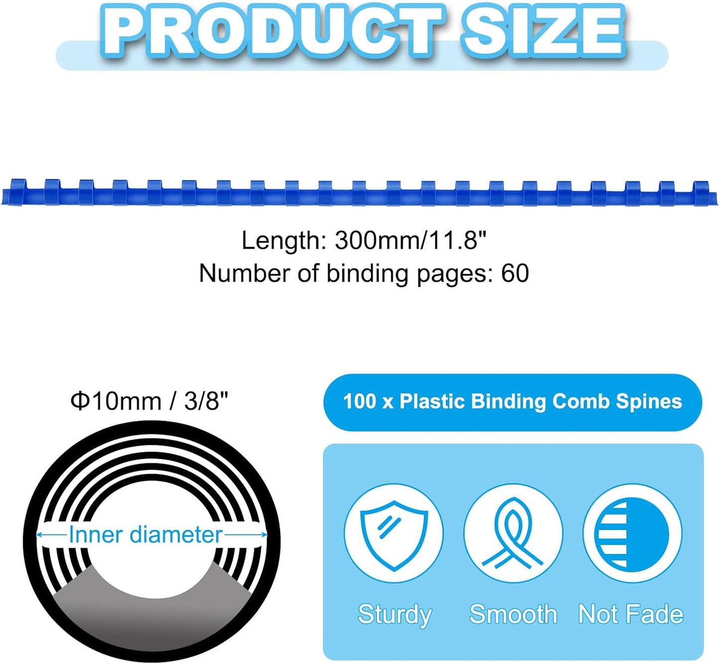 PATIKIL 10mm (3/8") Plastic Binding Combs, 100 Pcs 21 Rings Comb Binding Spines 60 Sheet Capacity Letter Size for Binding Paper Sheets, Blue