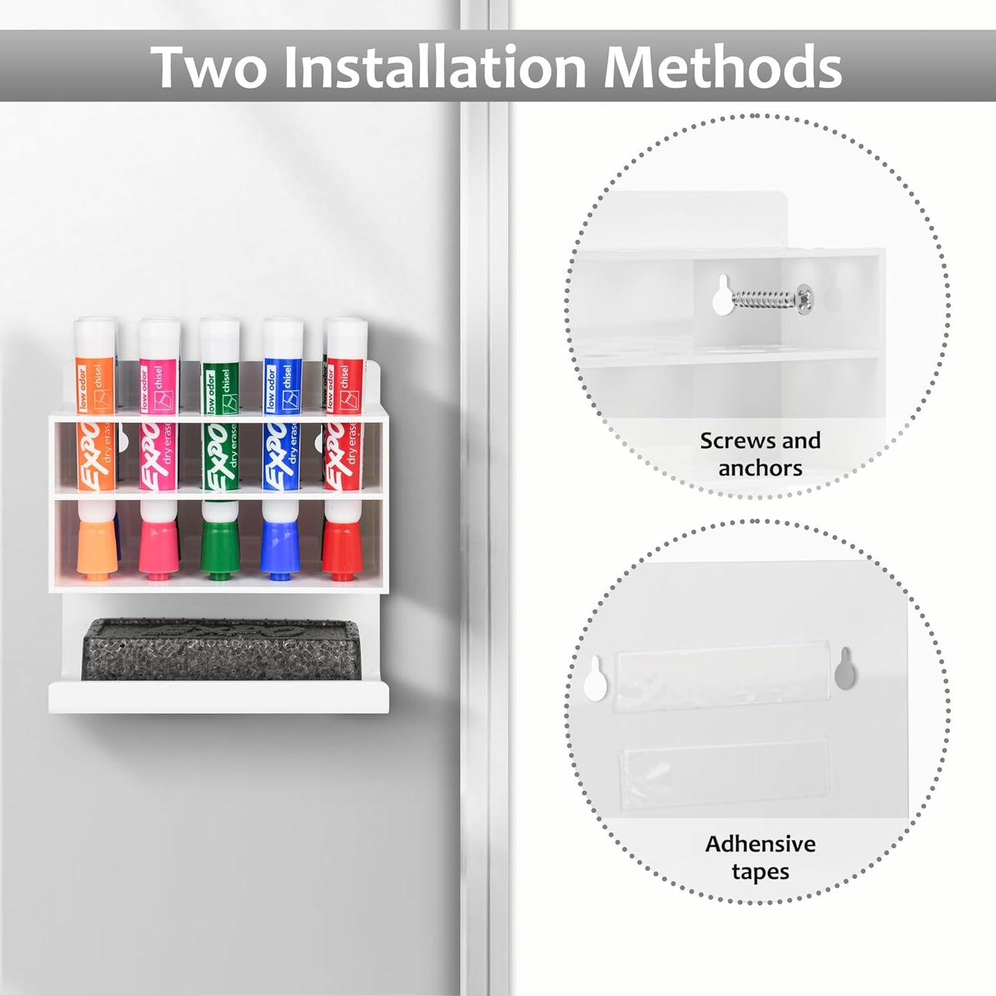 Dry Erase Marker Holder, Wall Mounted Acrylic Marker Holder with 10 Slots, Sticky Pen Storage for Classroom Organization, Whiteboard, Office, White
