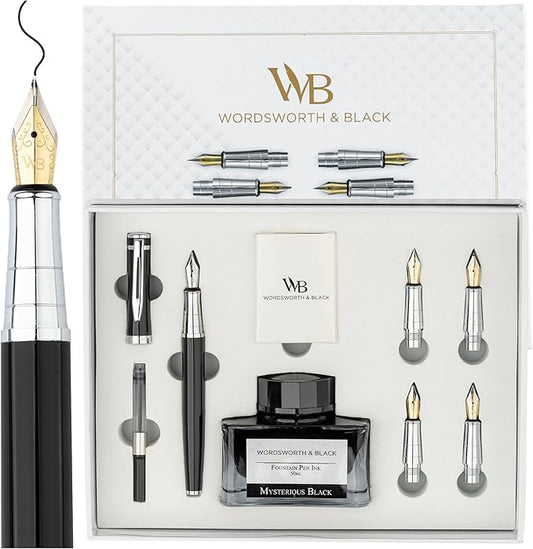 Wordsworth & Black Fountain Pen Gift Set, Includes Ink Bottle, 6 Ink Cartridges & A Refill Converter, 4 Replacement Nibs, Premium Package, Journaling, Calligraphy, Smooth Writing Pens [Black Chrome]