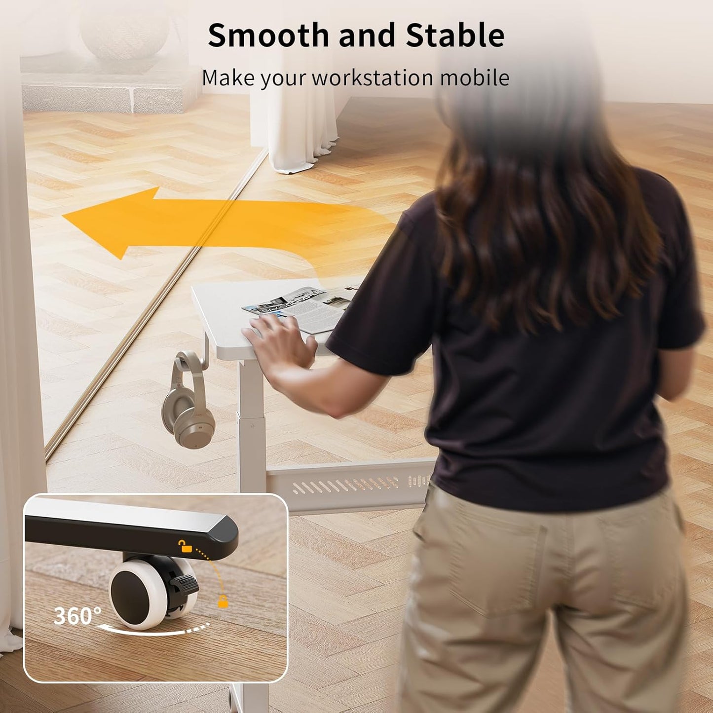 Mobile Standing Desk with Wheel, Pneumatic Height Adjustable Standing Desk for Walking Pad, Rolling Computer Workstation with 28.3"–42.5" Height, 31.5" x 15.7" Desktop for Home Office (White)