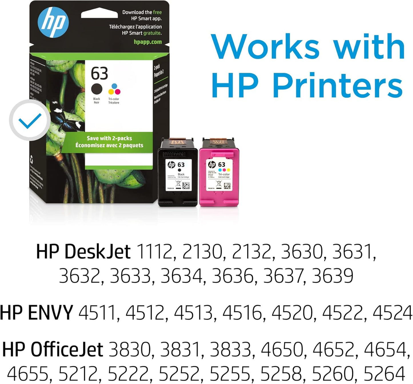 HP 63 Black/Tri-color Ink (2-pack) | Works with HP DeskJet 1112, 2130, 3630 Series; ENVY 4510, 4520 Series; OfficeJet 3830, 4650, 5200 Series | Eligible for Instant Ink | L0R46AN