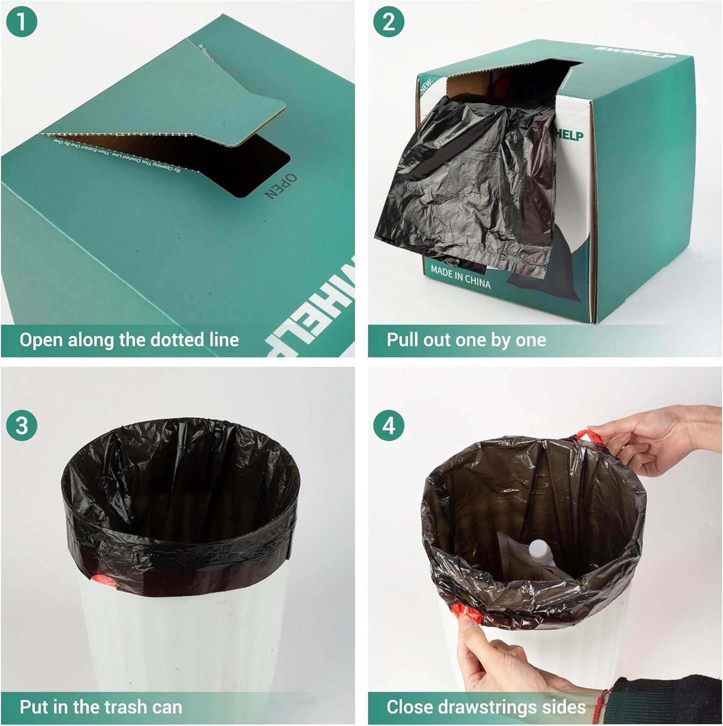 SWIHELP Drawstring Trash Bags 280 Counts 4 Gallon Garbage Bags 15 Liters Plastic Trash Can Liners Waste Basket Bin Liners