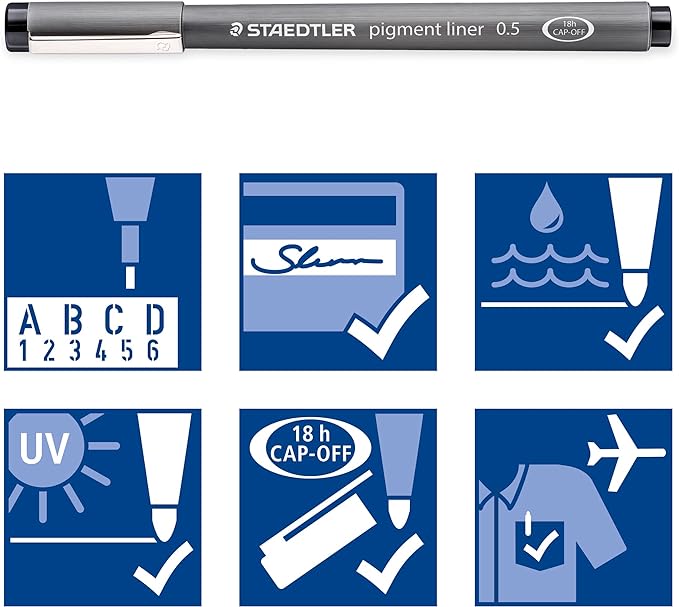 STAEDTLER Pigment Liner, Fineliner Pen for Drawing, Drafting, Journaling, 0.3mm, Black, Box of 5 Pens, 308 03-9M