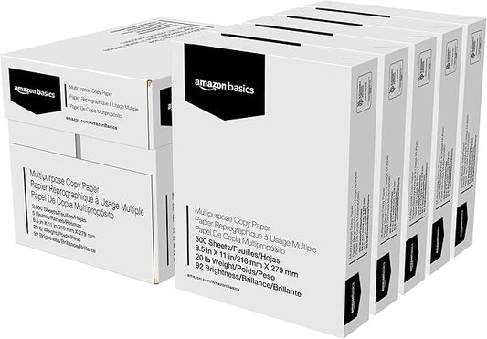 Amazon Basics Multipurpose Copy Printer Paper, 20 lb, 8.5 x 11 Inches, 5 Reams (2,500 Sheets), 92 Bright, White