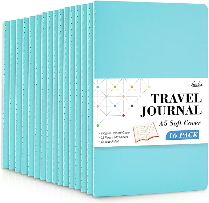 feela 16 Pack Soft Cover Journal Bulk, Lined Notebooks College Ruled for Work for Women Girl Writing, Blank Travel Journal Note Taking Notebook School Business Supplies, 8.2” x 5.5”, A5, Light Blue