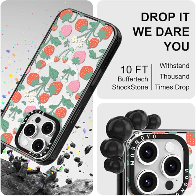 MOSNOVO Magnetic Case for iPhone 16 Pro, 10ft Military-Grade Protection, Compatible with Magsafe, Shockproof Phone Case for iPhone 16 Pro - Strawberry Garden - Clear Black