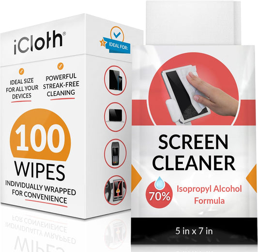 iCloth 70% Isopropyl Alcohol Large Screen and Electronics Wipes, Lint-Free, Streak-Free, Fast-Drying, Removes Dust and Fingerprints (100 Wipes)
