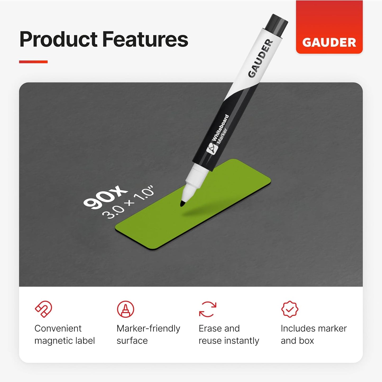 GAUDER Magnetic Dry Erase Labels | 90x Magnetic Labels (3 Inches x 1 Inch) | Dry Erase Magnets for Classroom, Whiteboard and Blackboard