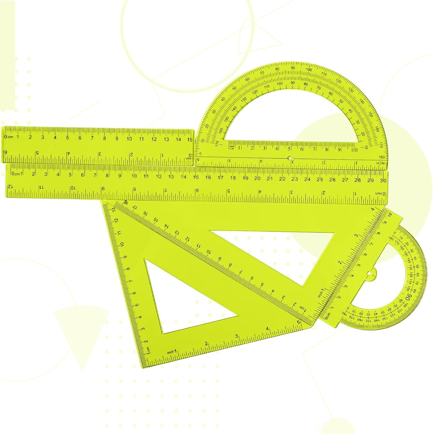 Tenare 6 Pcs Plastic Ruler Math Set Includes 12 Inch 6 Inch Straight Protractor Triangle Geometry Transparent Math Ruler Measuring Tools for School Office Home(Yellow)