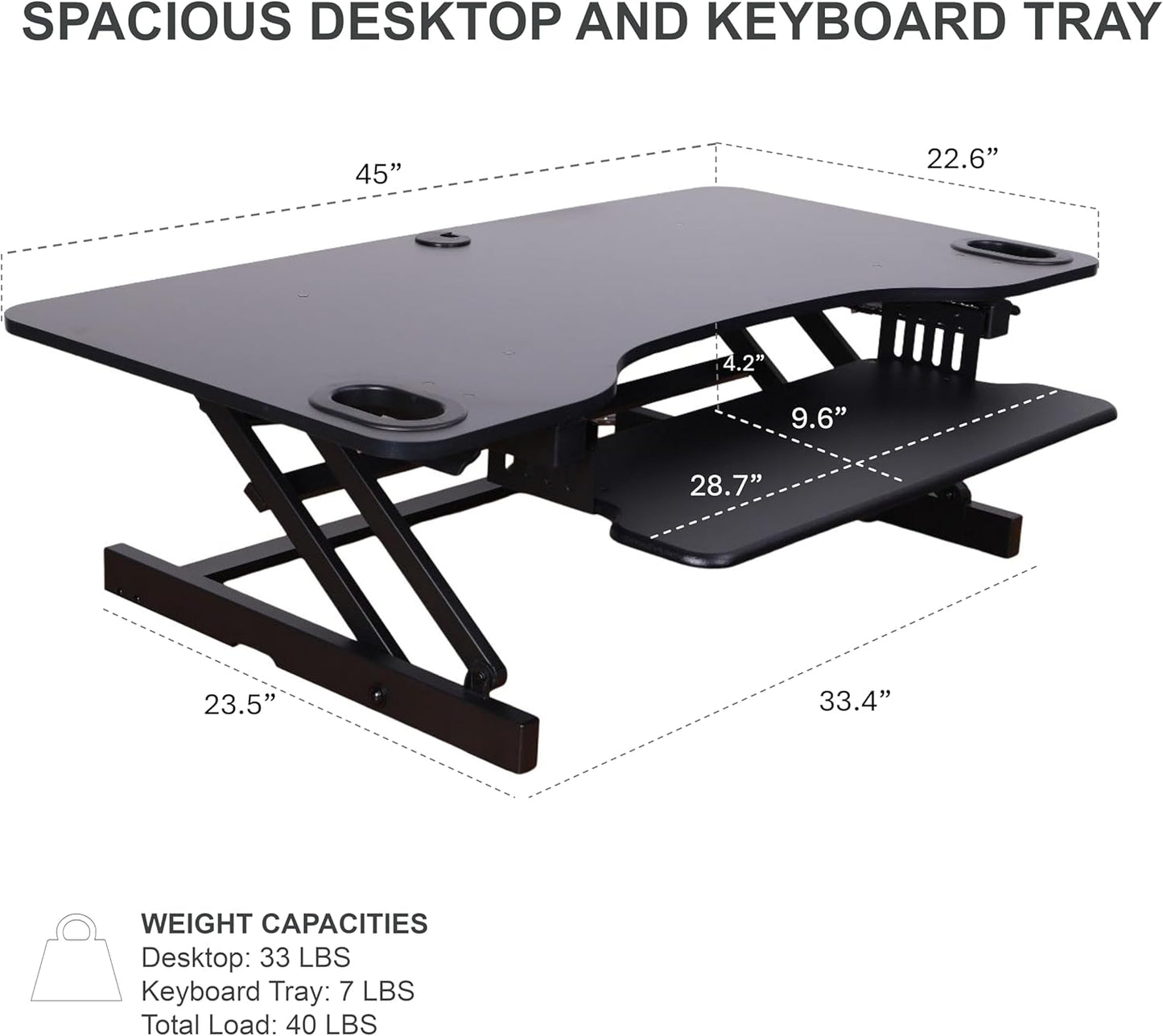 Rocelco 45" Height Adjustable Standing Desk Converter - Slide Out Retractable Keyboard Tray - Sit Stand Up Triple Monitor Riser - Dual Piston Lift Tabletop Computer Workstation - Black (R ADRB-45)