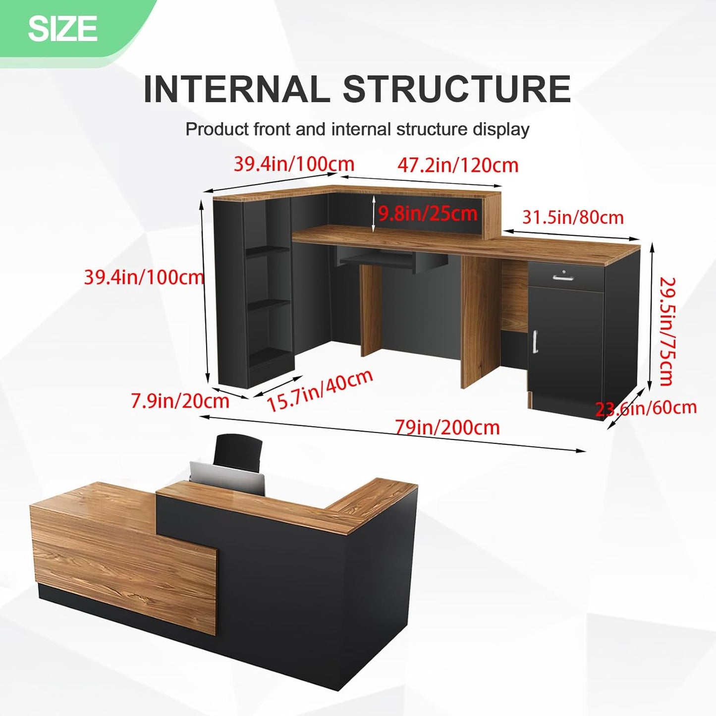Modern Reception Desk with Counter and Drawer Office Front Desk with Cabinet Wooden Commercial Reception Table Checkout Counter for Retail Salon Lobby Black and Wood Left 79inch/200cm