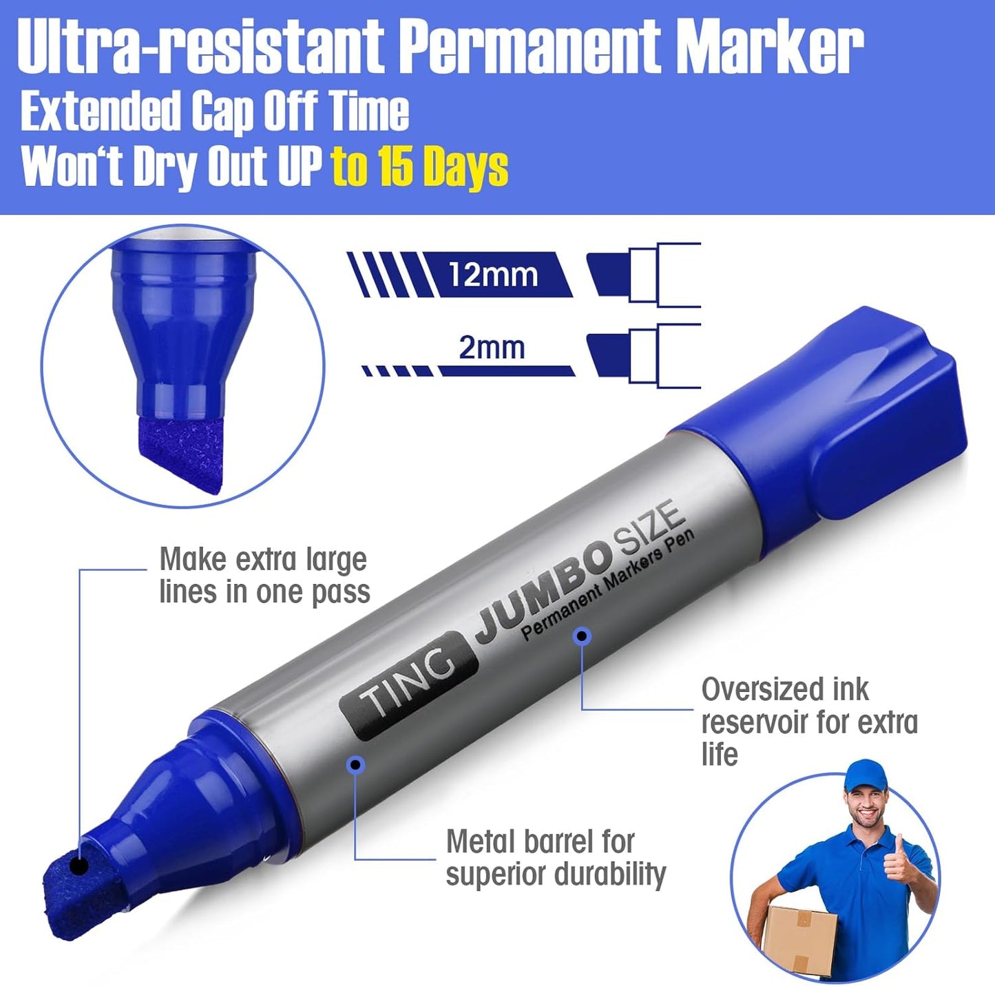 Fuutreo 10 Pack Jumbo Permanent Markers Bulk Large Chisel Tip Permanent Markers Quick Drying Waterproof Big Huge Poster Pens for Office, Logistics Company and More(Blue)