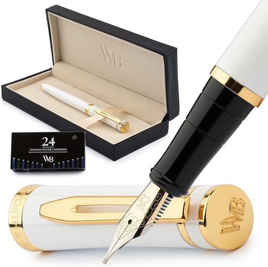 Wordsworth & Black Fountain Pen Set, 18K Gilded Medium Nib, Includes 24 Pack Ink Cartridges, Ink Refill Converter & Gift Box, Gold Finish, Calligraphy, [White Gold], Perfect for Men & Women