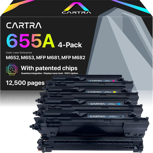 CARTRA 655A 4 Pack Toner Cartridge Replacement CF450A CF451A CF452A CF453A for HP Color Laserjet Enterprise M652n M652 M53dn M653x M653 MFP M681dh M682z Series Printer | Black Cyan Yellow Magenta.