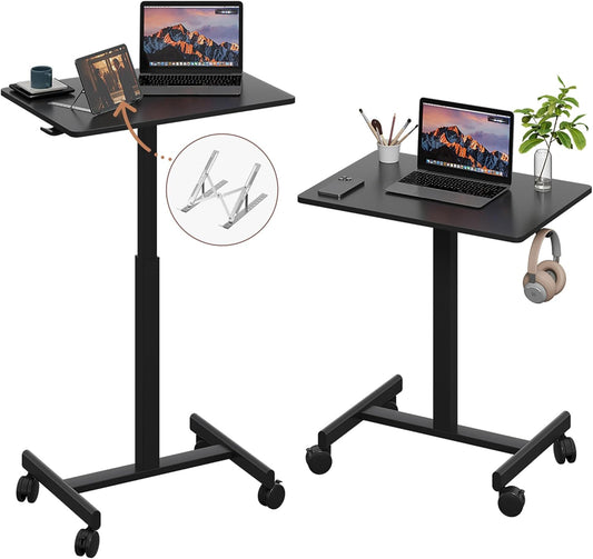 Mobile Small Standing Desk, Gas Spring Adjustable Height Rolling Portable Laptop Desk with Lockable Wheels, Computer Workstation, Rolling Podium (Black, 17.8 * 25.5)