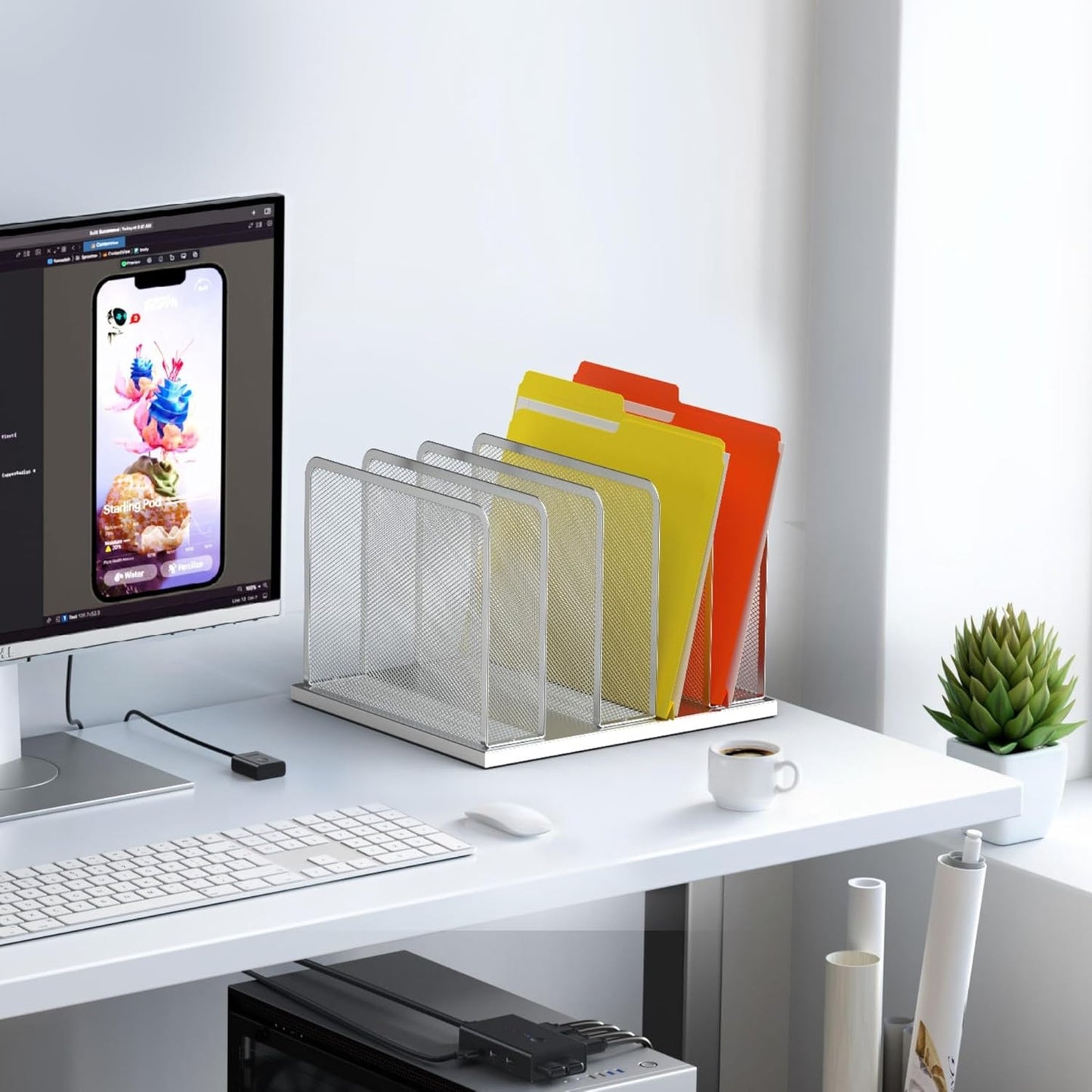 Kuntine.B Desk File Organizer Upright Mesh Desktop Organizer File Sorter Office Organization File Holder for Home, Office & Classroom (Silver, 1 Pack 5-Section)