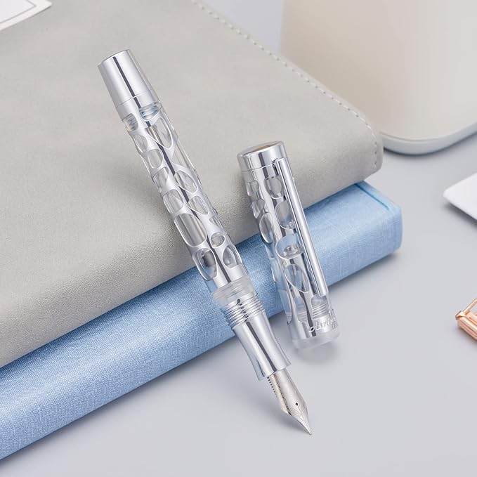 Asvine V169 Vacuum Filling Fountain Pen Medium Nib, Water Drop Skeleton Transparent Clear Acrylic Pen Case Set